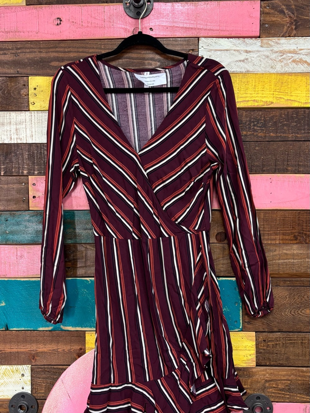 Xhilaration Burgundy Striped Long-Sleeve Wrap Dress